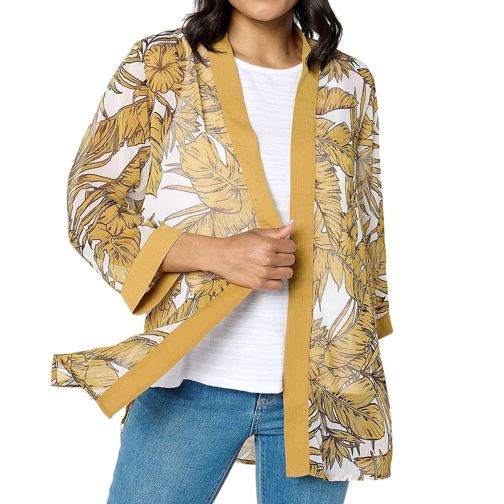 D&Co Denim Company Women's Gold Tropical‎ Floral Sheer Kimono Duster Size XL